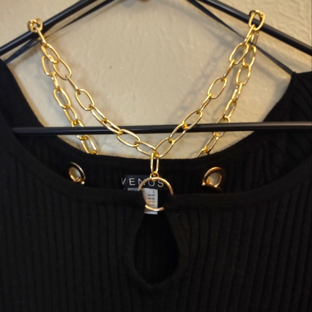 Venus Ribbed Sweater with Gold Chain Rhinestone Embellishments. - Picture 3 of 7